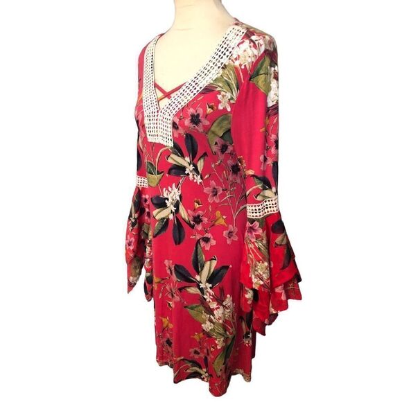 Cupio Ladies Size M Pink Floral Flutter Bell Sleeve Knit Dress mixed media sleev - Picture 4 of 14